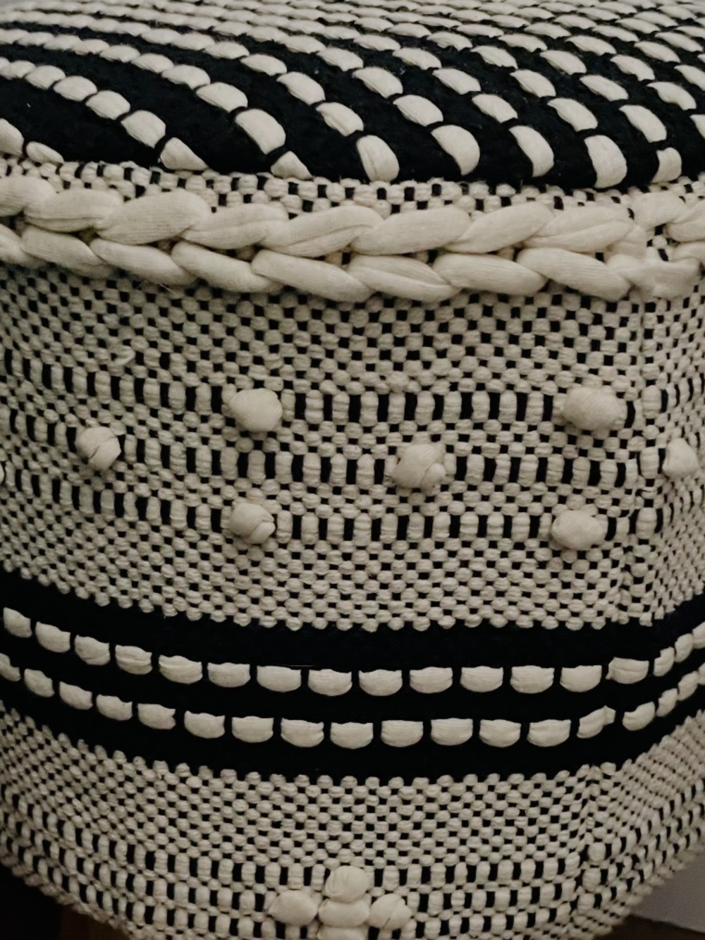 Handcrafted woven boho black and cream Pom Pom wood legs stool seat table NWT - Picture 9 of 14